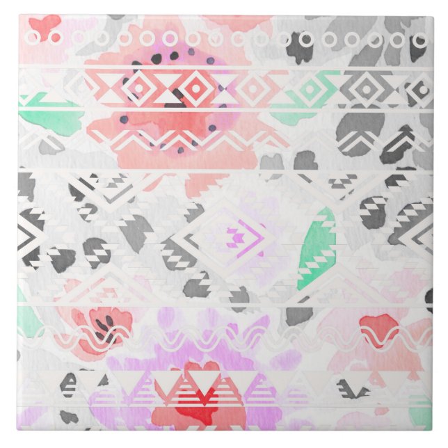 Cute colourful pastel floral aztec tile (Front)