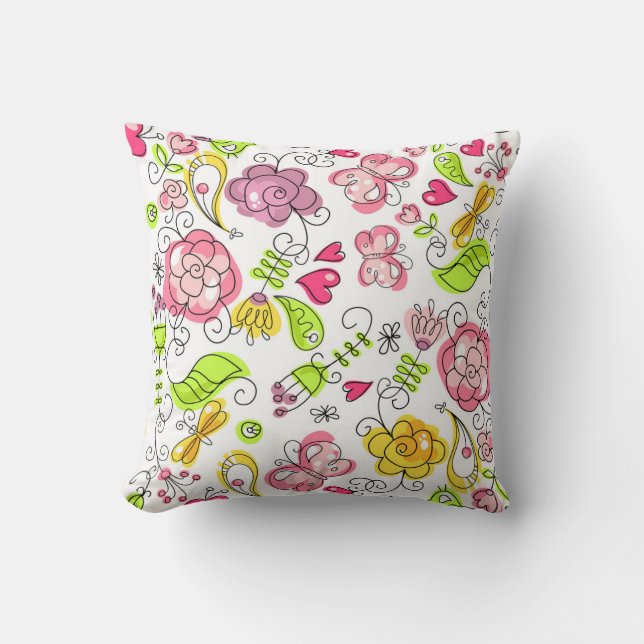 Cute Colourful Pastel Flowers Hears & Butterfly's Throw Pillow (Front)