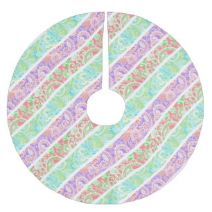 Cute colourful pastel flowers stripes brushed polyester tree skirt