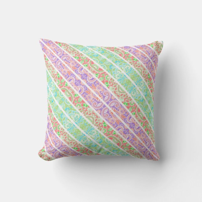 Cute colourful pastel flowers stripes throw pillow (Front)