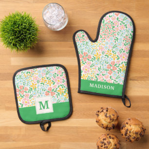 Cute Colourful Pastel Garden Flower Pattern Oven Mitt & Pot Holder Set