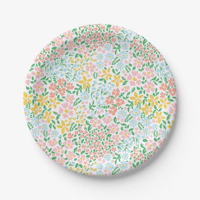 Cute Colourful Pastel Garden Flower Pattern Paper Plate (Front)