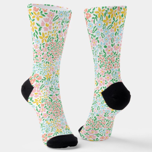 Cute Colourful Pastel Garden Flower Pattern Socks (Angled)