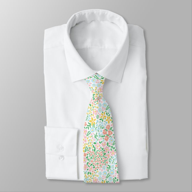 Cute Colourful Pastel Garden Flower Pattern Tie (Tied)