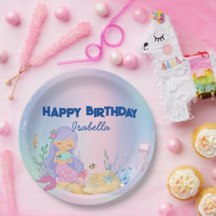 Cute colourful pastel mermaid Rainbow Birthday Paper Plate