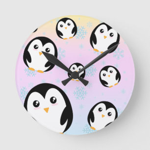 Cute colourful pastel penguin gradient pattern round clock