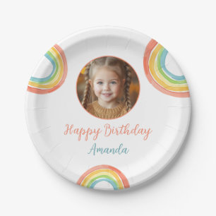 Cute Colourful Pastel Rainbow Girls Photo Birthday Paper Plate