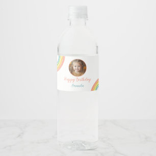 Cute Colourful Pastel Rainbow Girls Photo Birthday Water Bottle Label