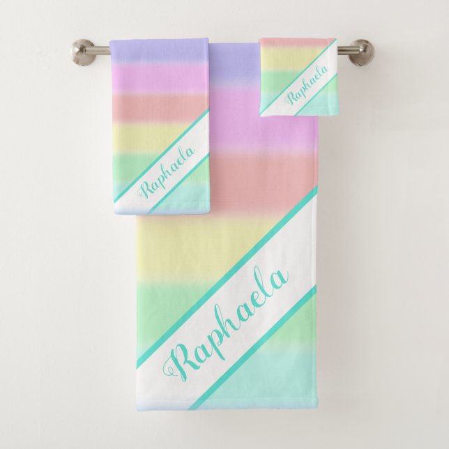 Cute Colourful Pastel Rainbow Striped Gift Bath Towel Set (Insitu)