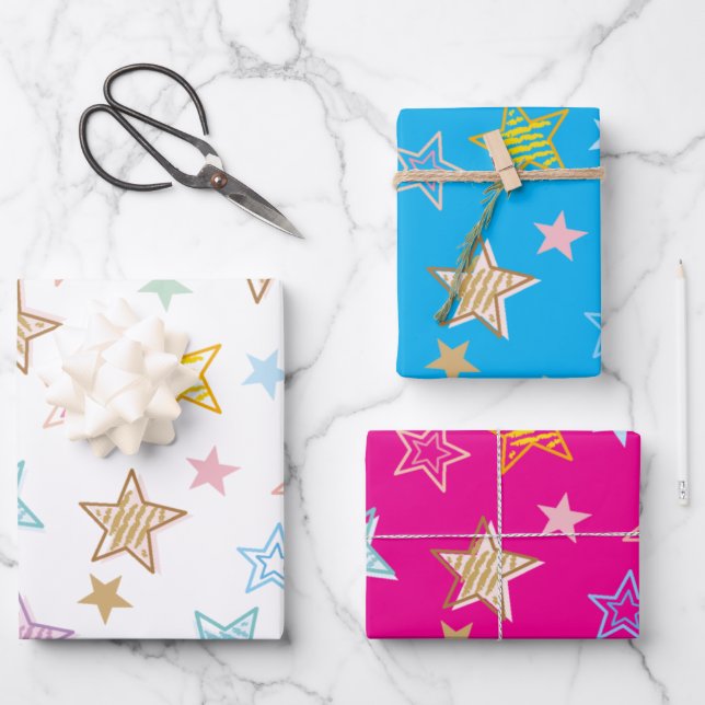 Cute Colourful Pastel Stars Pattern Wrapping Paper Sheet (Front)