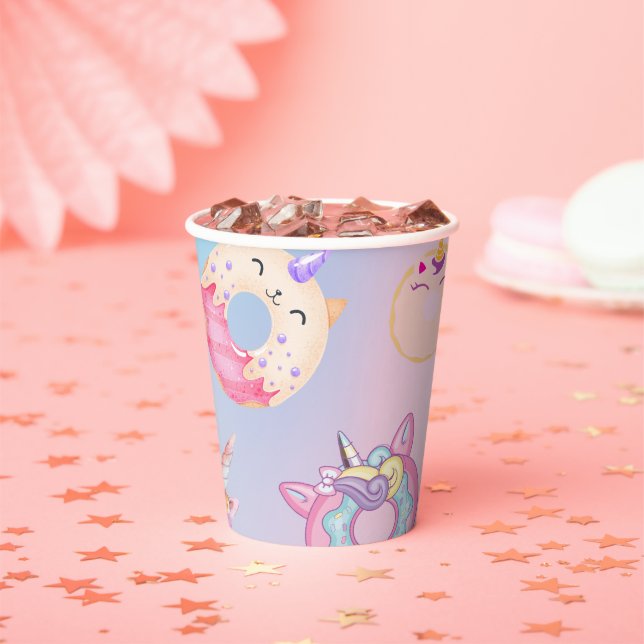 Cute colourful pastel Unicorns Rainbow Doughnuts Paper Cups (Insitu)