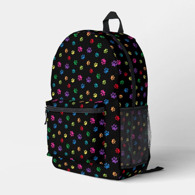 Cute Colourful Paw Prints Pattern Black Printed Backpack (Back Corner Right)