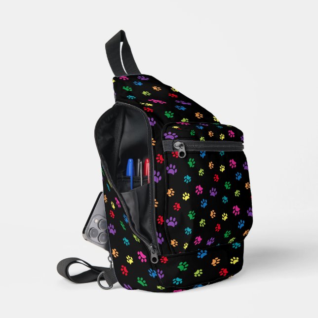 Cute Colourful Paw Prints Pattern Black Sling Bag (Open)