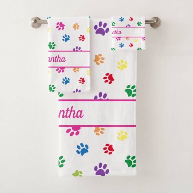 Cute Colourful Paw Prints Personalized Bath Towel Set (Insitu)