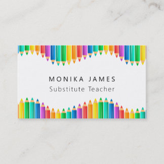 Cute Colourful Pencils Substitute Teacher Business Card