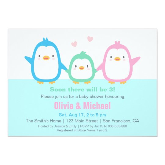 Cute Colourful Penguin Baby Shower Invitations