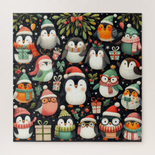 Cute colourful Penguins dressed for Winter Jigsaw Puzzle