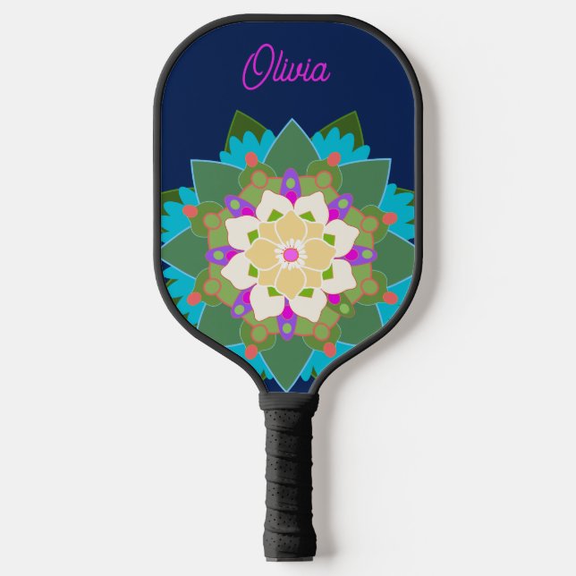 Cute Colourful Personalized Floral Mandala Pickleball Paddle (Front)
