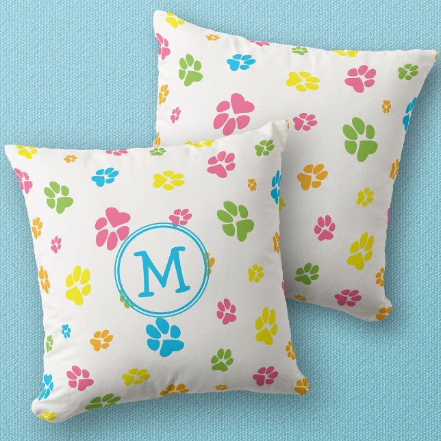 Cute Colourful Pet Dog Paw prints Pattern Monogram Throw Pillow (Creator Uploaded)
