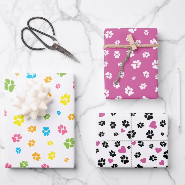 Cute colourful pet paw prints and hearts pattern wrapping paper sheet (Front)