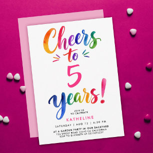 Cute Colourful Pink Cheers 5th Bday Watercolor Typ Invitation
