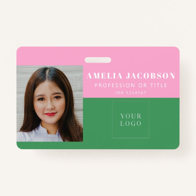 Cute Colourful Pink Green Employee Photo ID Logo Badge (Front)