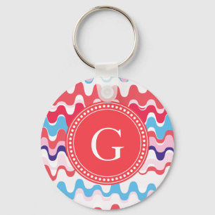 Cute colourful pink red abstract pattern monogram keychain