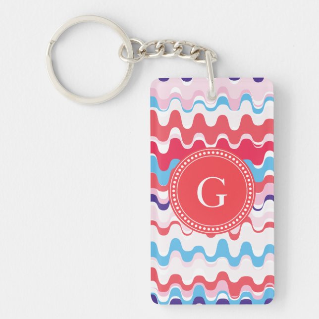Cute colourful pink red abstract pattern monogram keychain (Front)