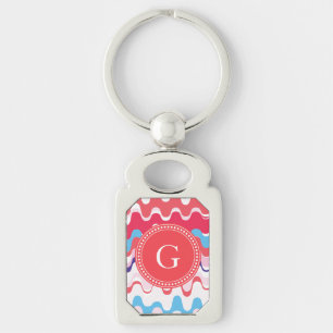 Cute colourful pink red abstract pattern monogram keychain
