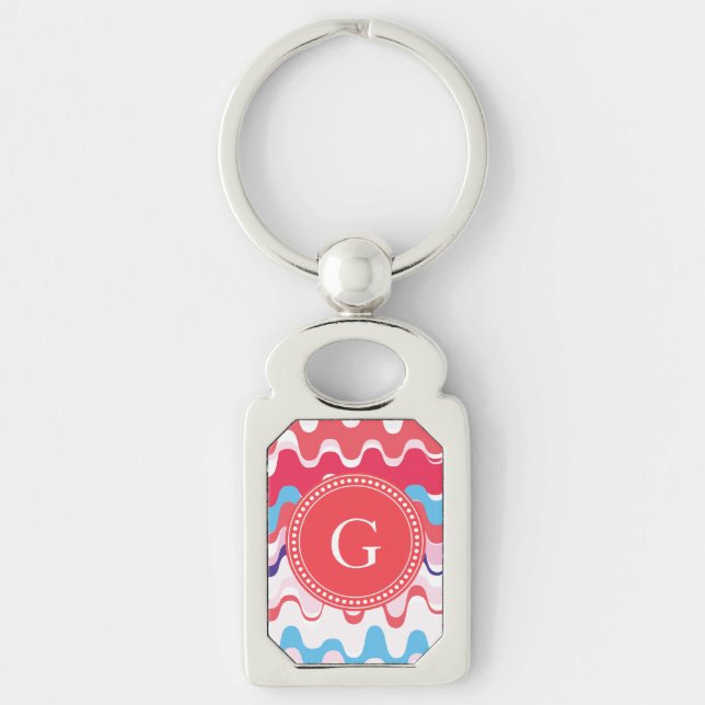 Cute colourful pink red abstract pattern monogram keychain (Front)