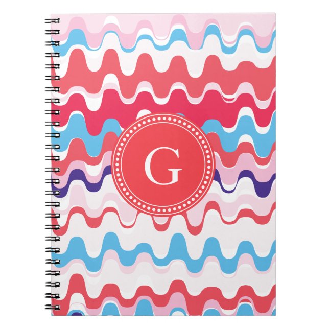 Cute colourful pink red abstract pattern monogram notebook (Front)