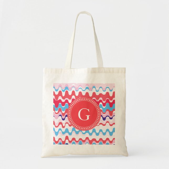 Cute colourful pink red abstract pattern monogram tote bag (Front)