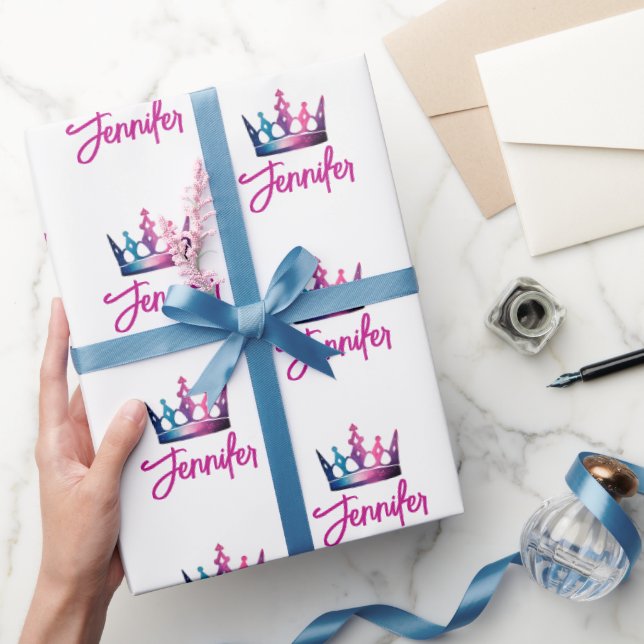 Cute Colourful Pink Royal Princess Crown And Name Wrapping Paper (Gifting)