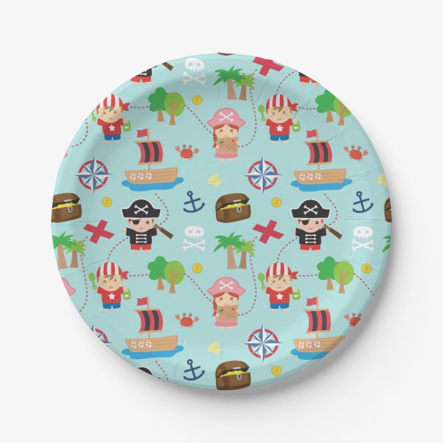 Cute Colourful Pirate Pattern Kids Birthday Party Paper Plate (Front)