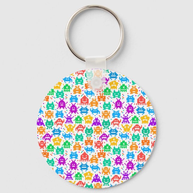 Cute colourful pixelated monsters patterns keychain (Front)