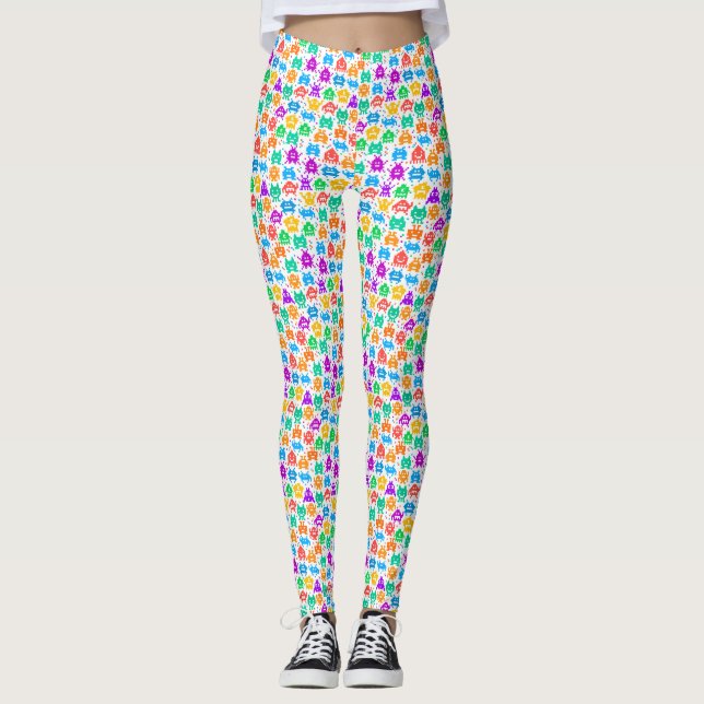 Cute colourful pixelated monsters patterns leggings (Front)
