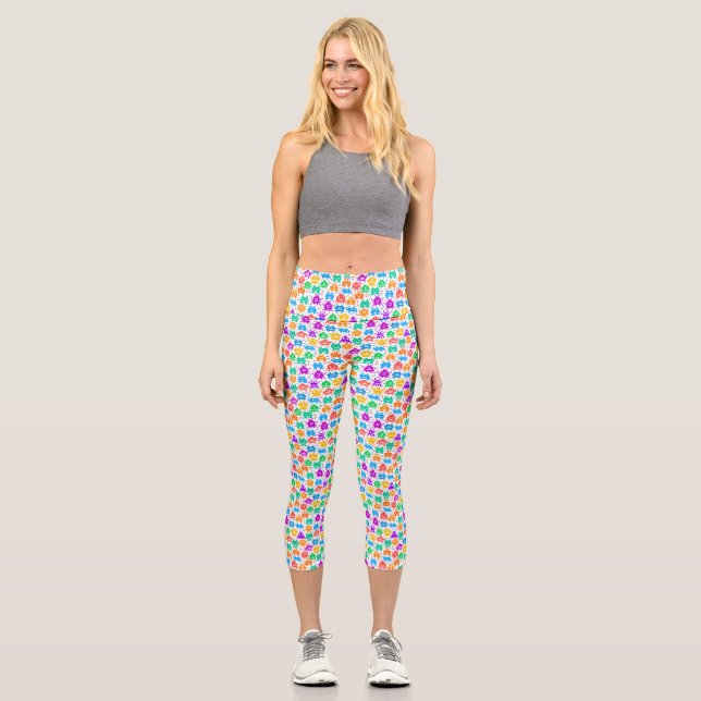 Cute colourful pixelated monsters patterns visor capri leggings (Front)