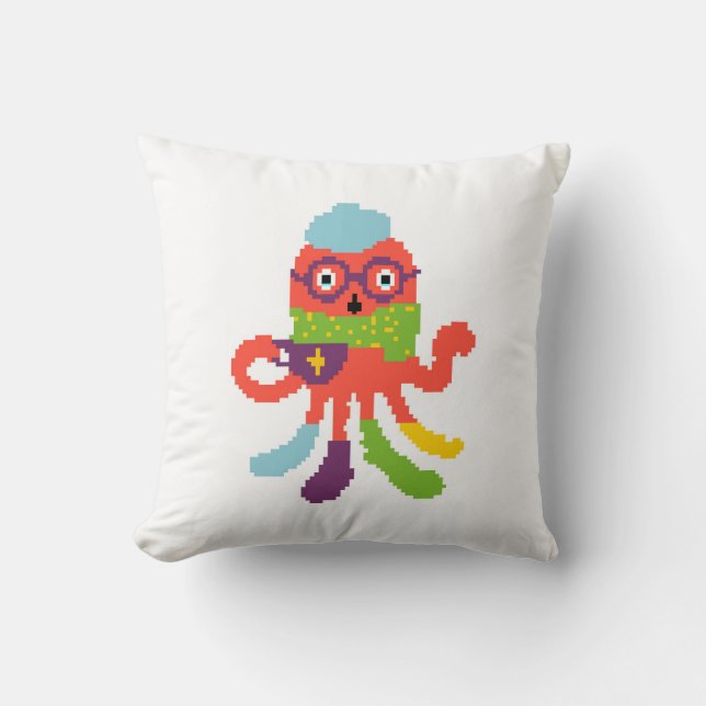 Cute colourful pixeled sick octapus throw pillow (Front)