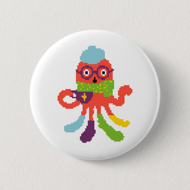 Cute colourful pixeled sick octapus throw pillow 2 inch round button (Front)