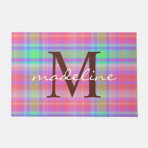 Cute Colourful Plaid Stripes Pattern Monogram Doormat
