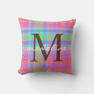 Cute Colourful Plaid Stripes Pattern Monogram Throw Pillow