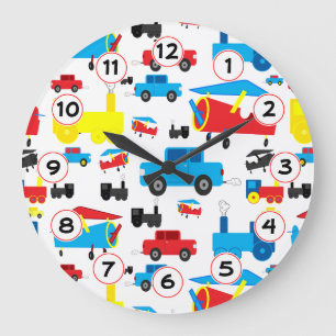 Cute Colourful Planes, Trains and Cars Collage Large Clock