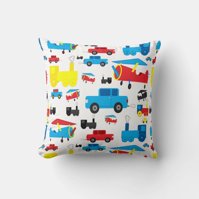 Cute Colourful Planes, Trains and Cars Collage Throw Pillow (Front)