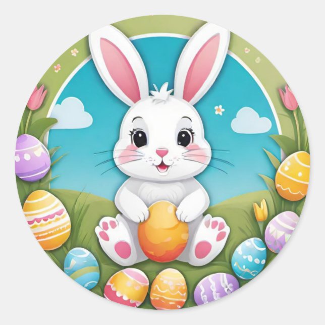 Cute Colourful Playful Easter Bunny Eggs Stickers (Front)
