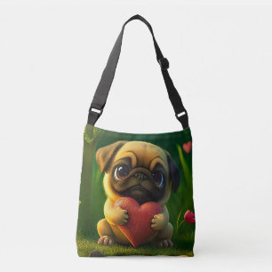 Cute Colourful Pug Dog Puppy Holding a Heart Crossbody Bag