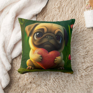 Cute Colourful Pug Dog Puppy Holding a Heart   Throw Pillow