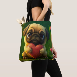 Cute Colourful Pug Dog Puppy Holding a Heart Tote Bag