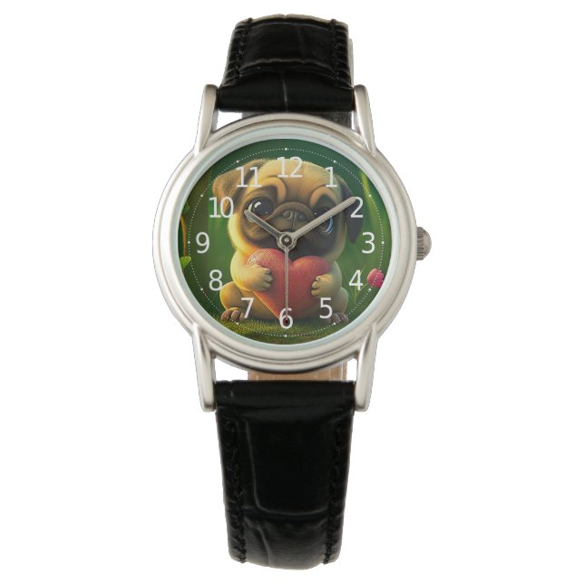 Cute Colourful Pug Dog Puppy Holding a Heart | Watch (Front)