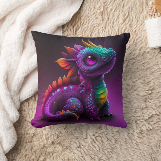 Cute Colourful Purple Dragon Lizard Artwork | Throw Pillow (Blanket)