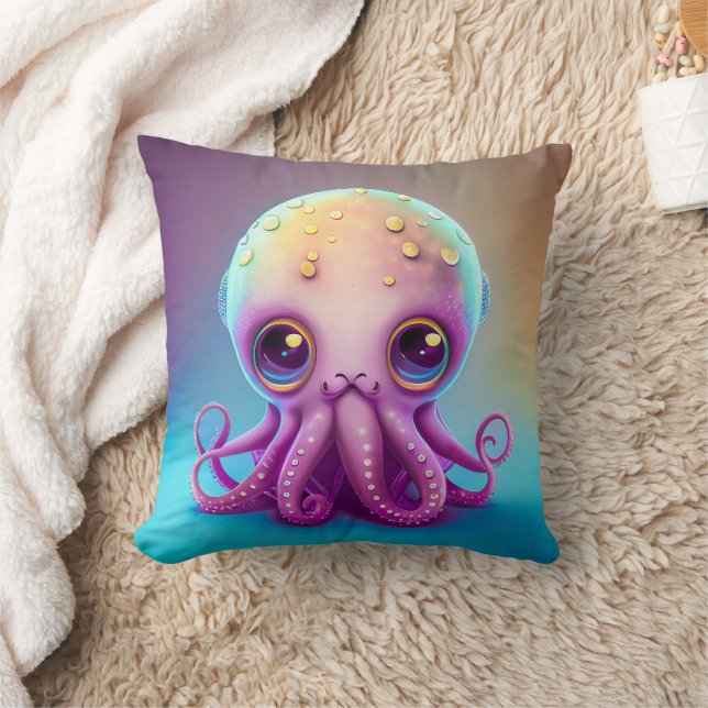 Cute Colourful Purple Octopus Alien Artwork | Throw Pillow (Blanket)